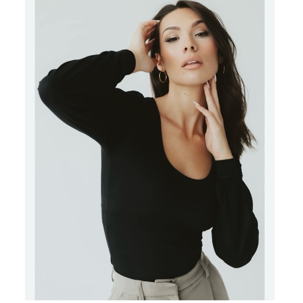Klassy Network Brami Top Womens Large Long Puff Sleeve Blouse Shirt Black Scoop